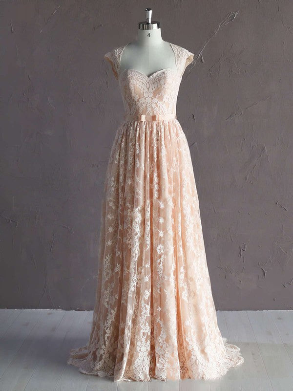 Beautiful A-Line Sweetheart Lace Wedding Dresses with Ribbon