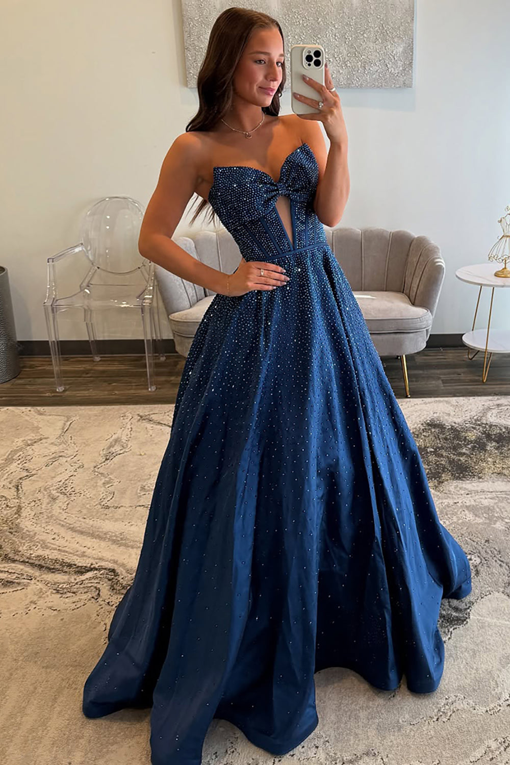 Sweetheart Long Beaded Prom Dress in Dark Navy with Corset and Bow