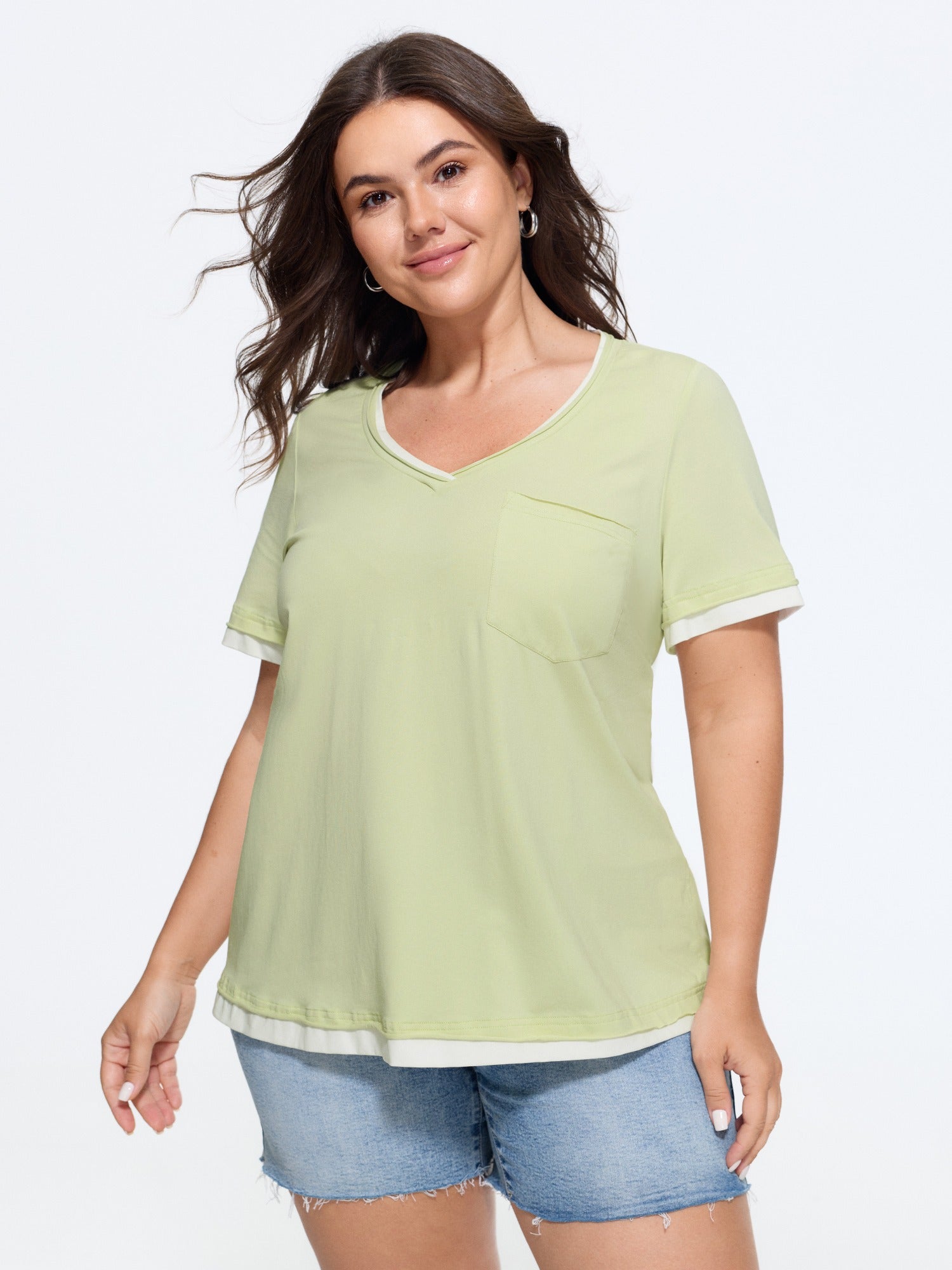 Cotton V Neck Color Contrast T-Shirt