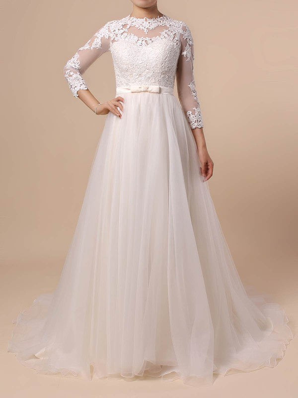Elegant Jewel Long Sleeves Tulle Lace Ball Gown Wedding Dresses with Sweep Train