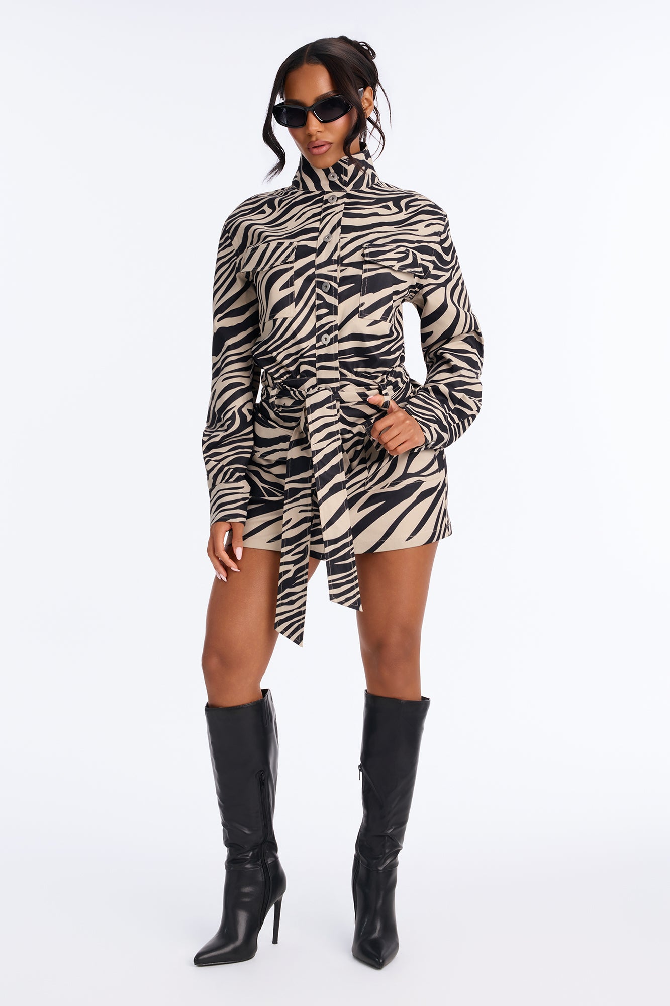 Rare Button Up Twill Mini Dress - Taupe/combo