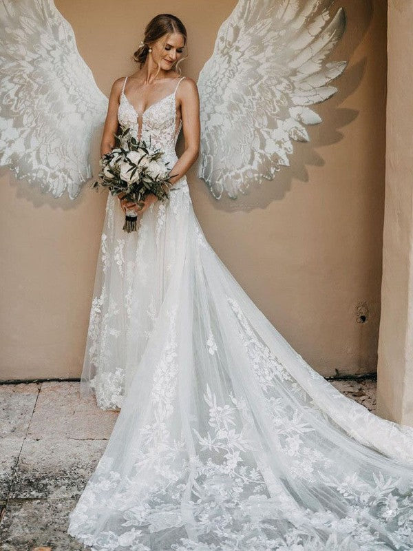 Gorgeous A-Line Spaghetti Straps V-Neck Lace Wedding Dresses