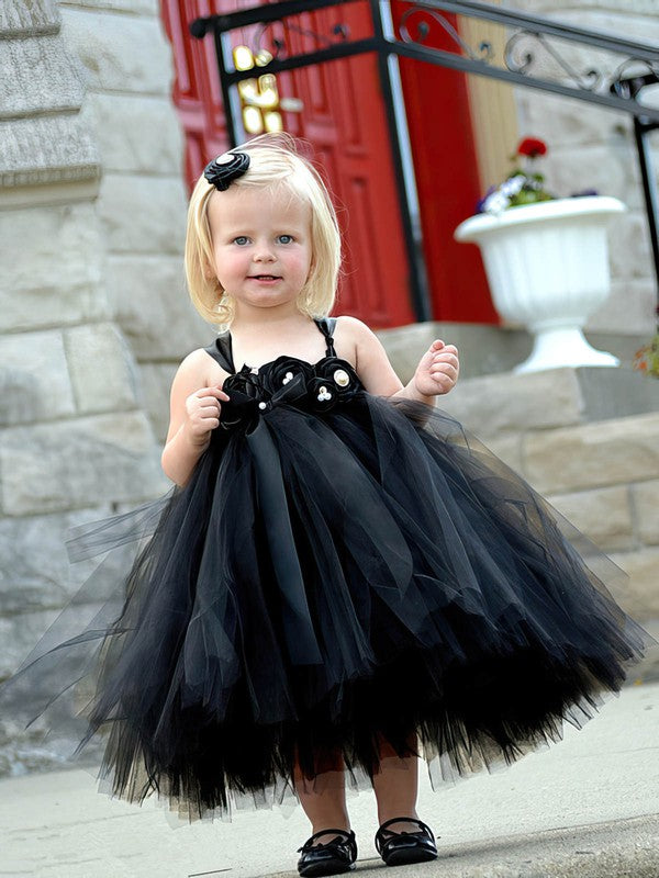 Trendy Ball Gown Square Neck Sleeveless Tulle Tea-length Flower Girl Dresses