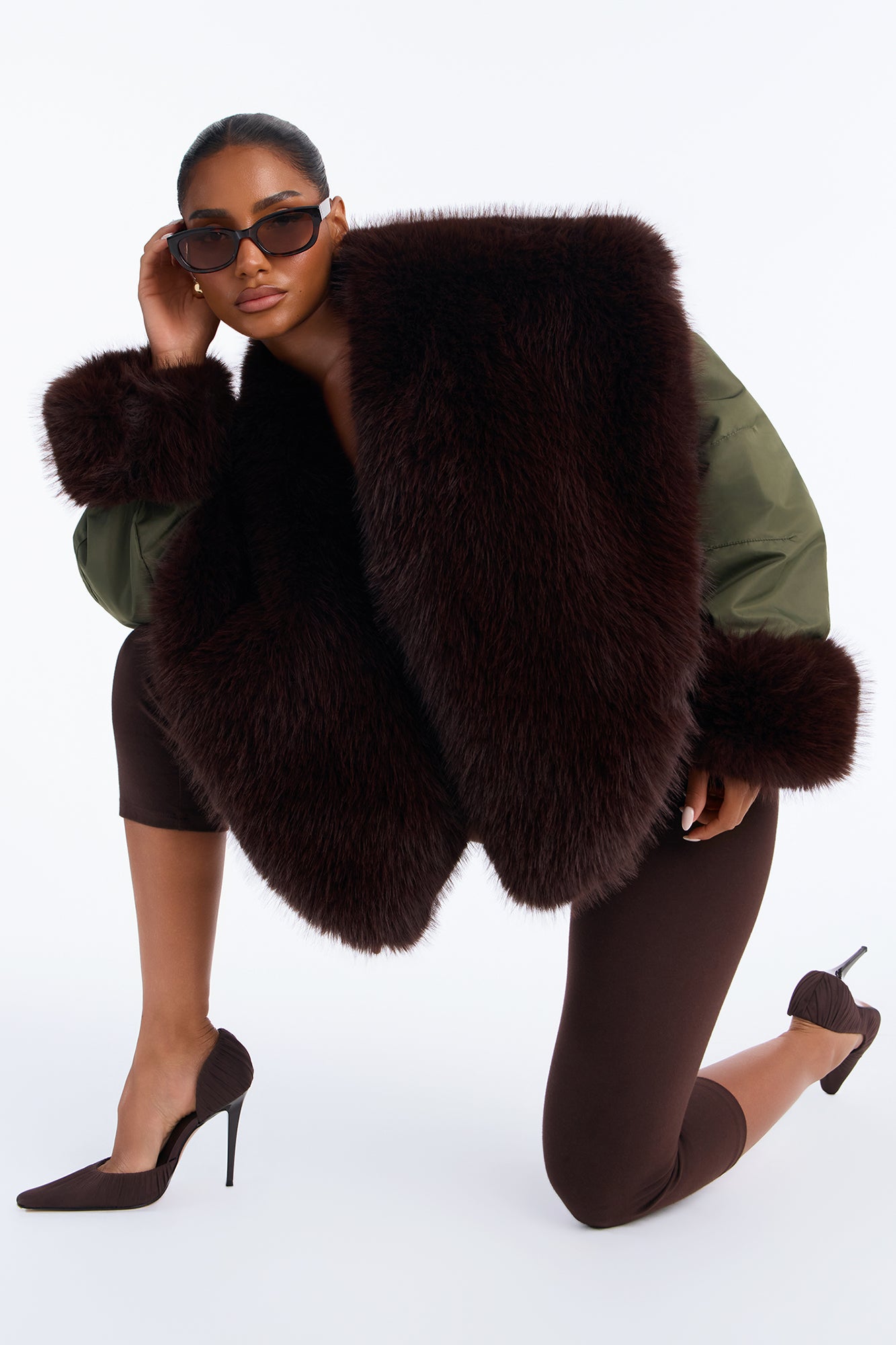 Made It To Monaco Full Fur Collar Bomber Jacket - Olive/combo