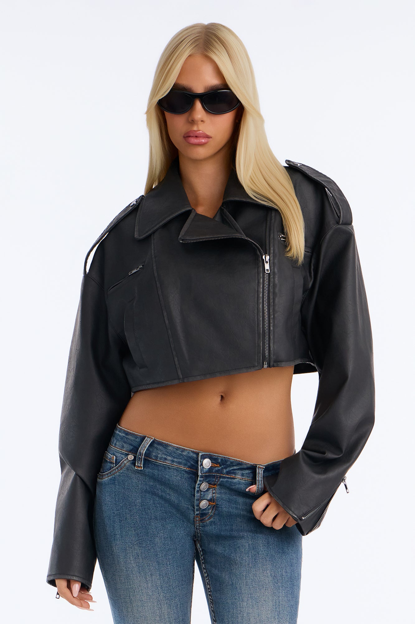 Savannah Super Cropped Washed Faux Leather Moto Jacket - Black