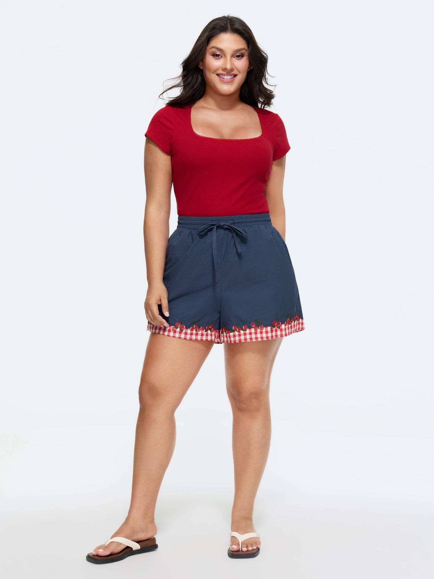 Cotton Gingham Print Contrast Hem Shorts