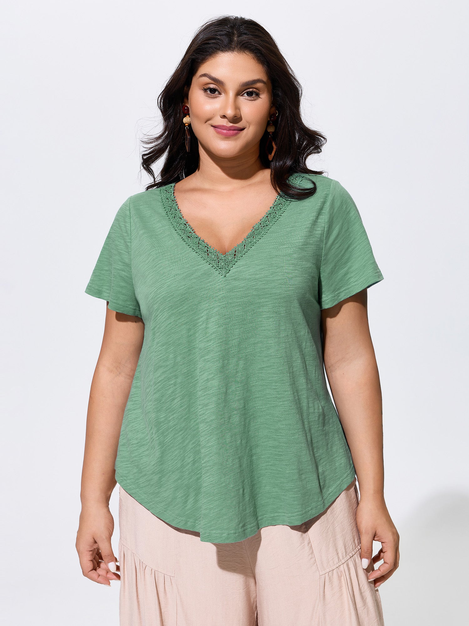 Cotton Supported Bra Stretchy V-Neck Plain T-Shirt