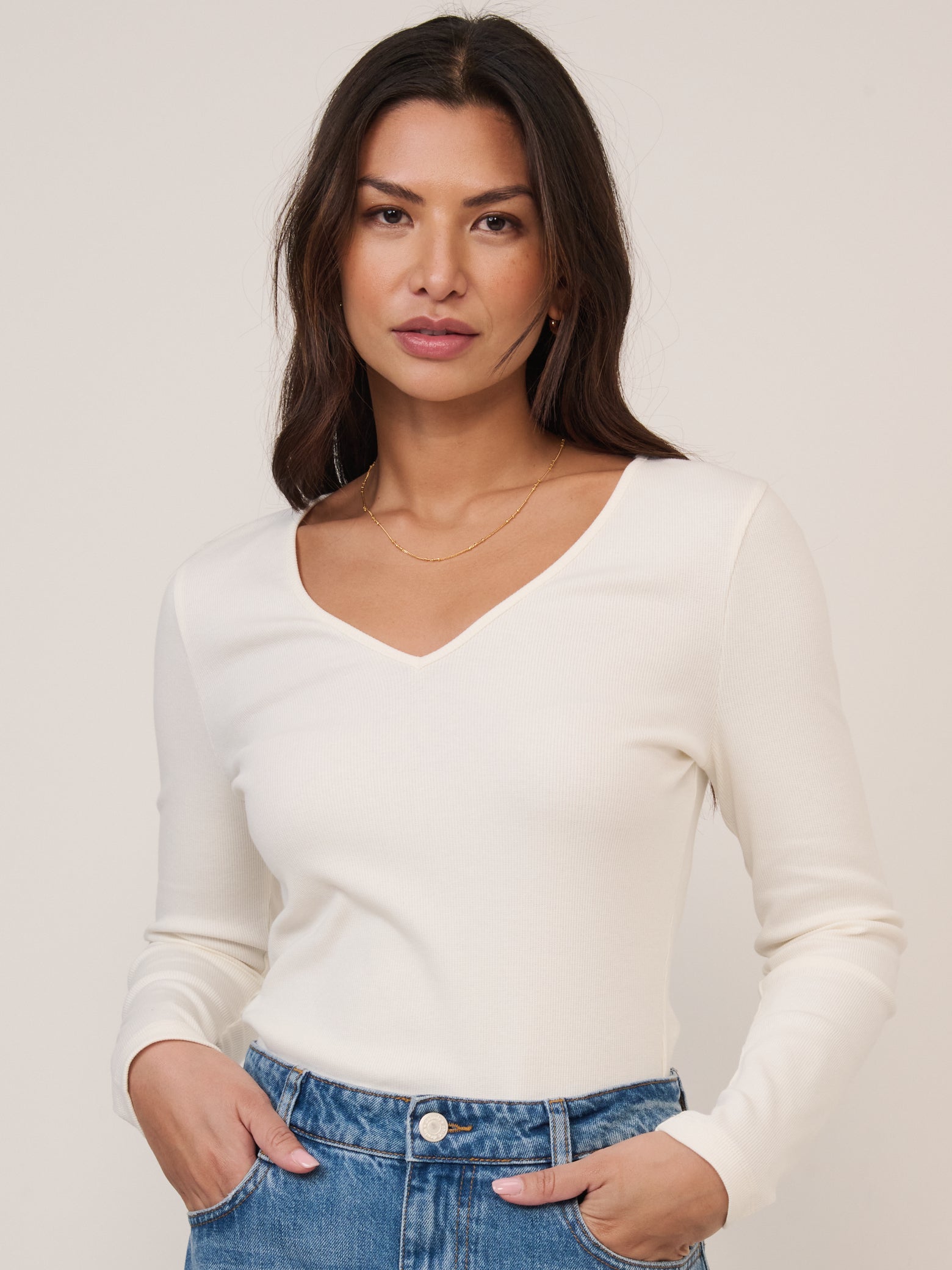 Cream V-Neck Long Sleeve Ribbed Top