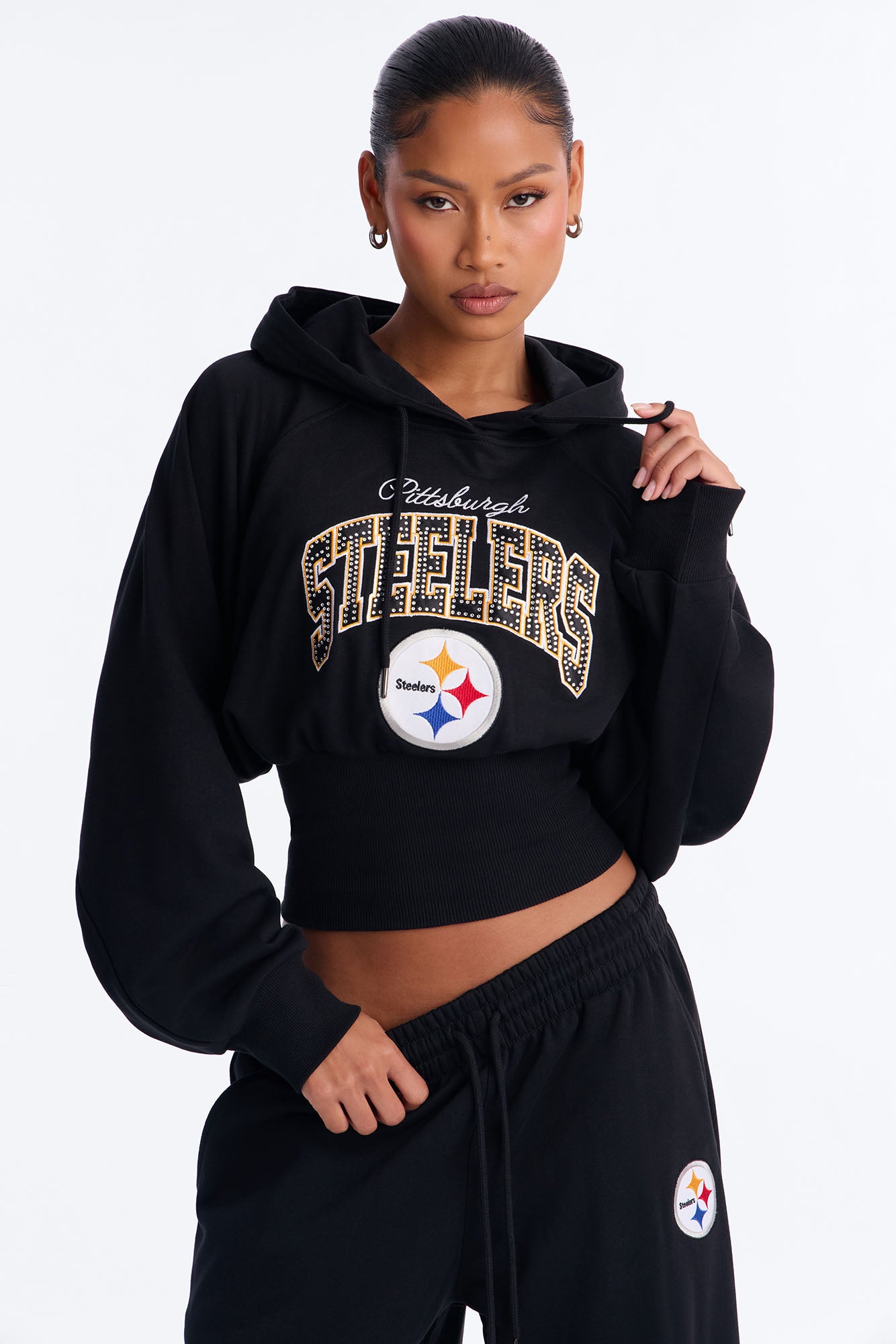 NFL Steelers Cinched Rhinestone Hoodie Sweatshirt - Black