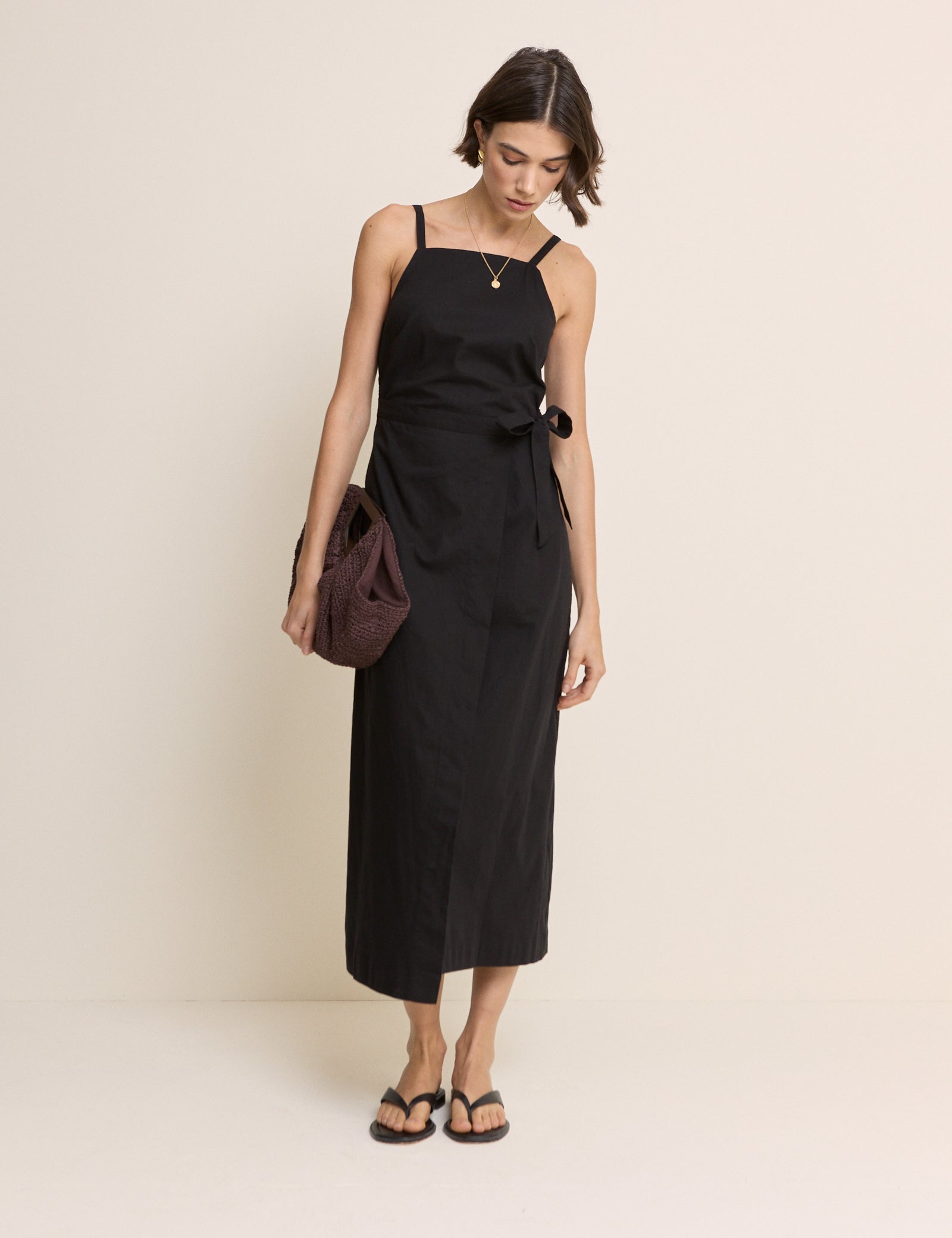 Black Square Neck Wrap Kourtney Midi Dress