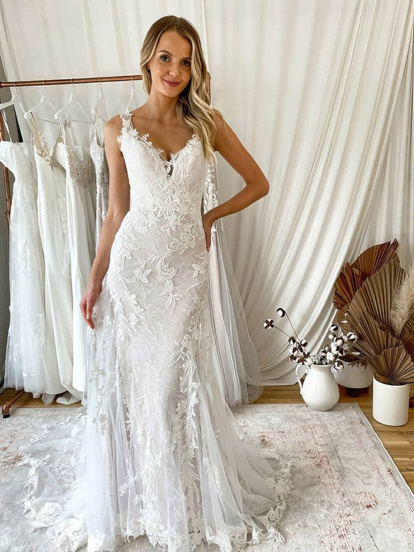 Beautiful V-Neck Sleeveless Tulle Mermaid Lace Sweep Train Wedding Dresses