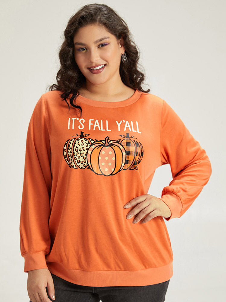 Halloween Pumpkin Crew Neck Elastic Cuffs Sweatshirt