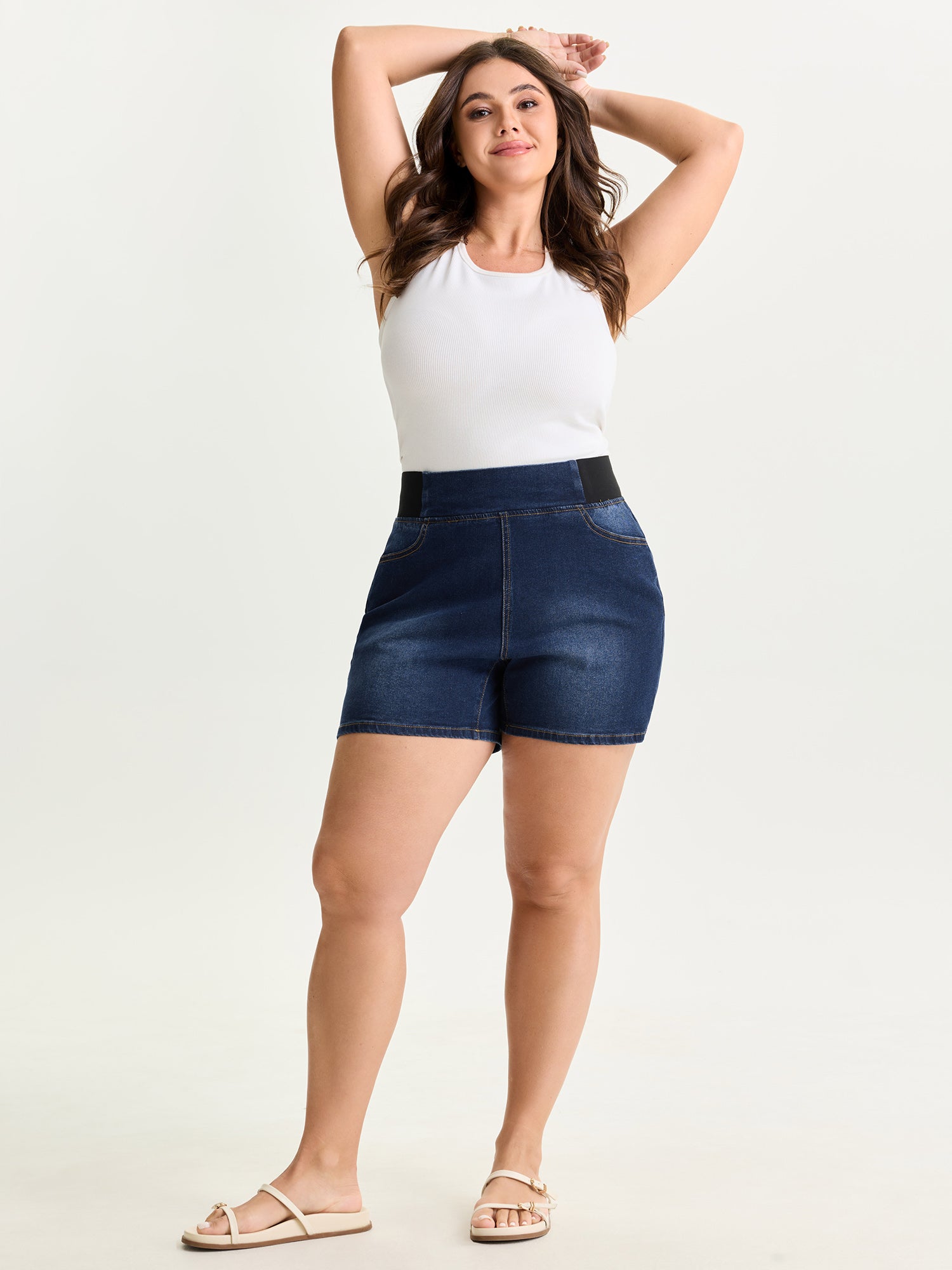 Wide Elastic Waistband Denim Shorts