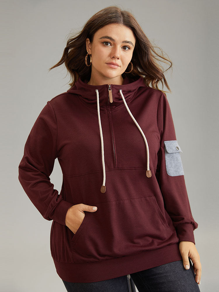 Contrast Half Zip Patched Pocket Hooded Sweatshirt