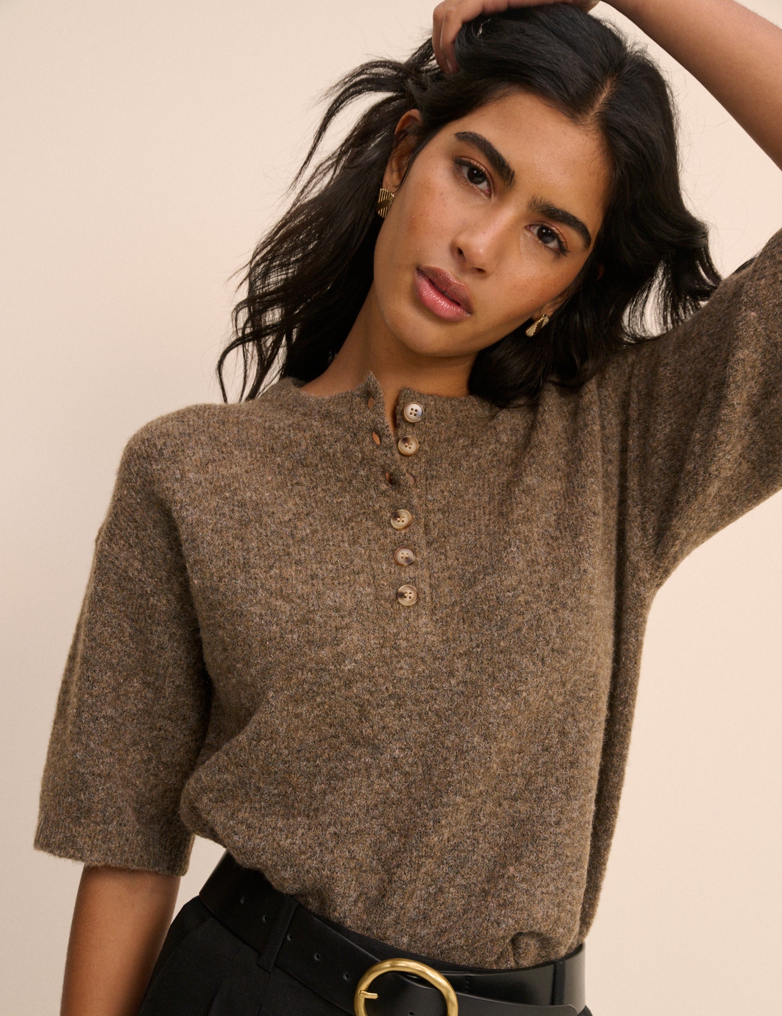 Brown Henley Knitted Top