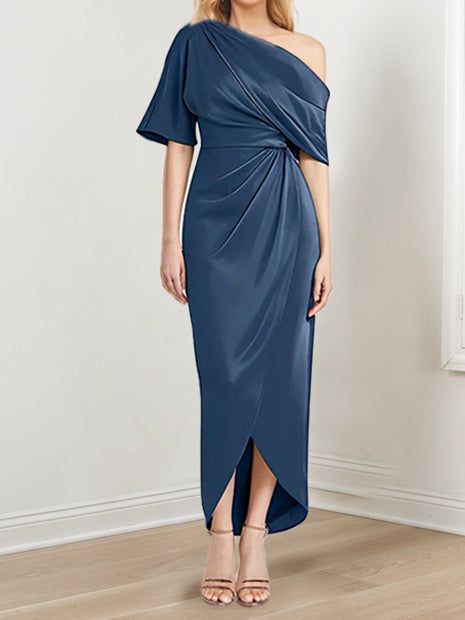 Asymmetrical One-Shoulder Short Sleeve Sheath Dress with Ruffles for the Mother of the Bride