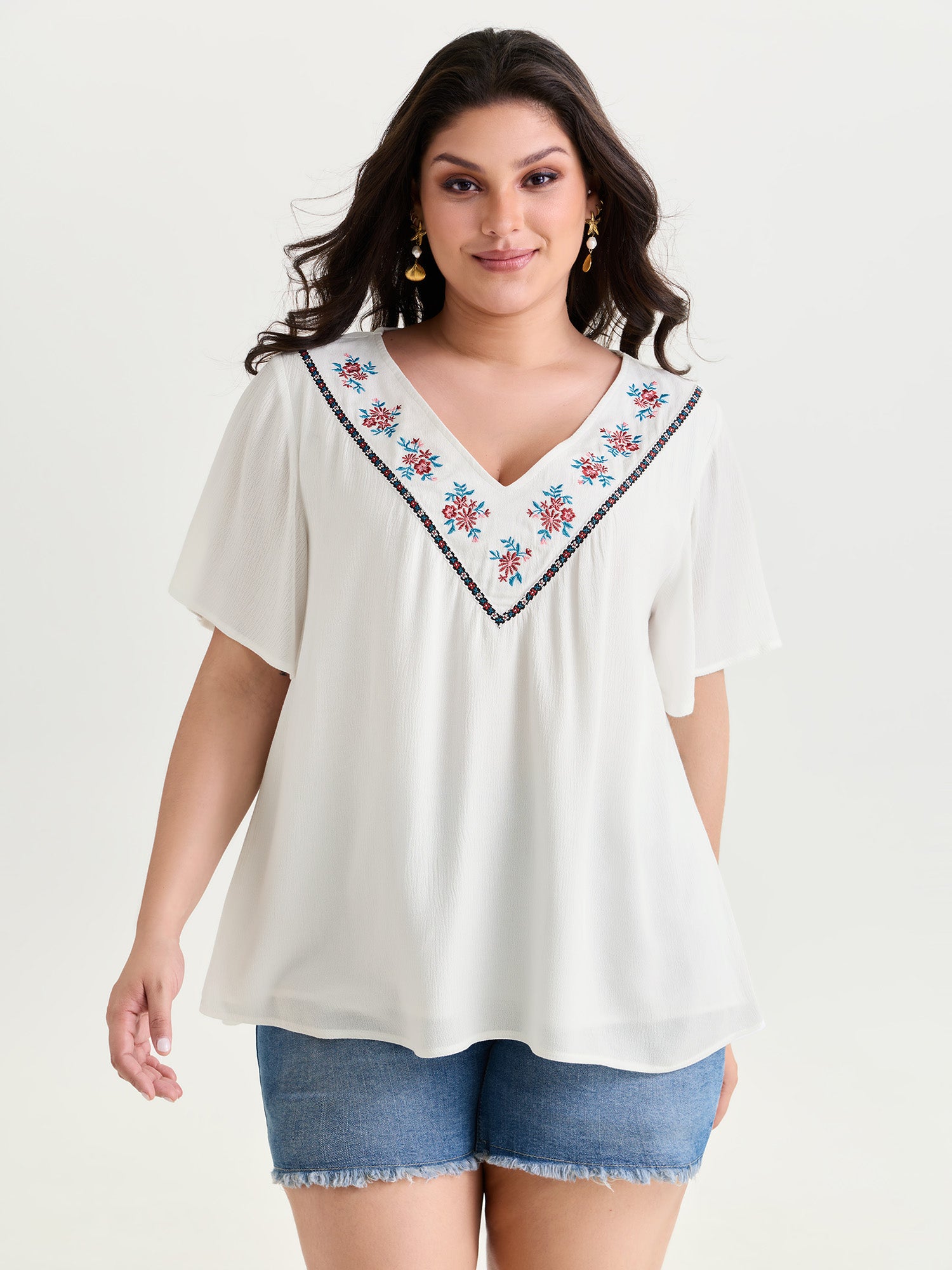 Floral Embroidered V-Neck Plain Blouse