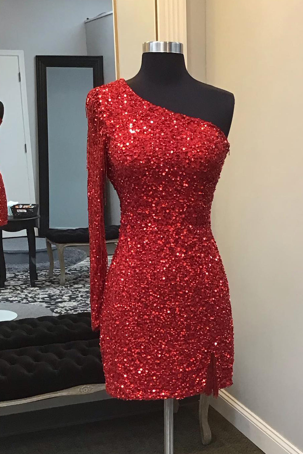 Sparkly Red One Shoulder Backless Sequins Fringed Tight Short Homecoming Dress/Mini Dress