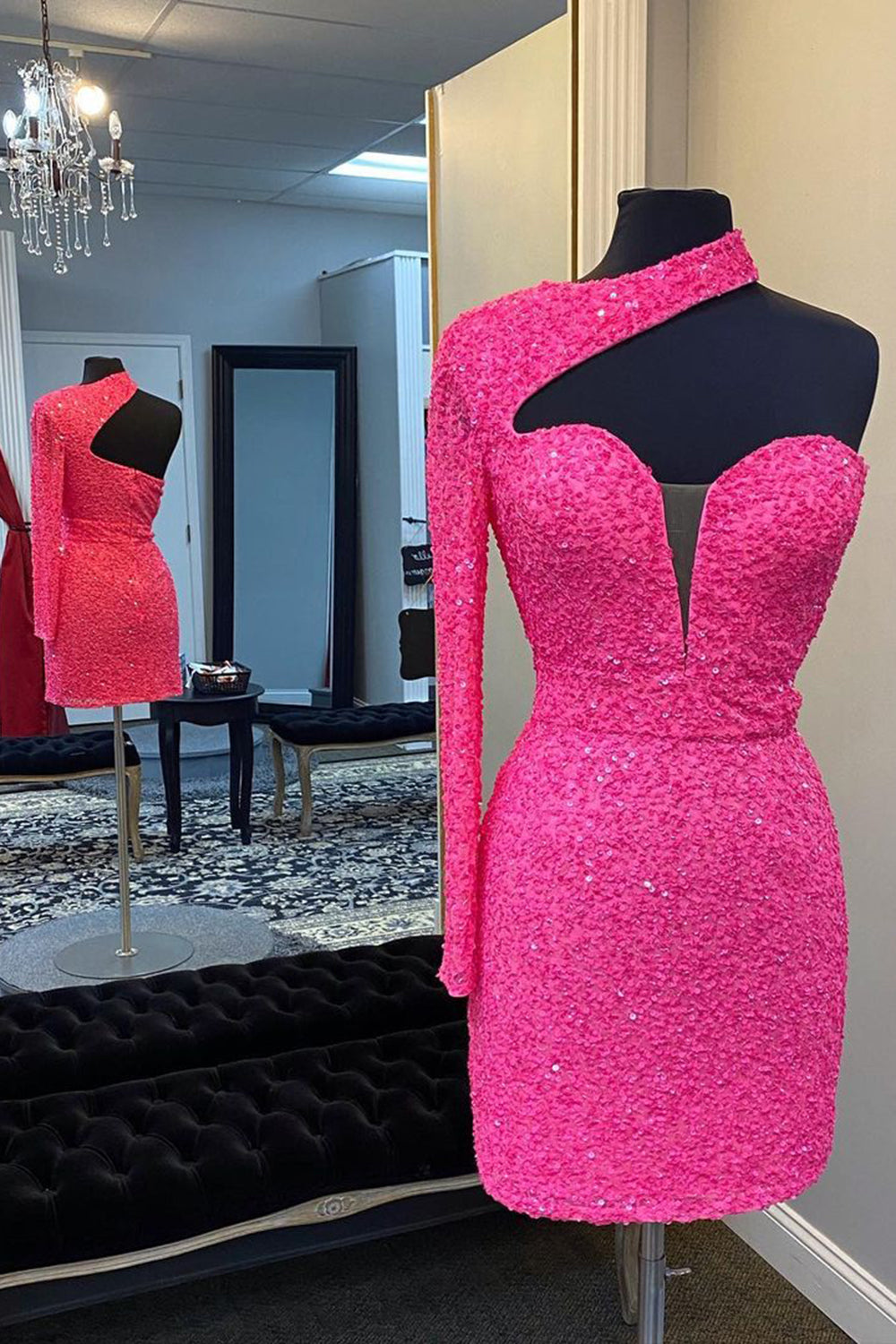 Hot Pink One Shoulder One Sleeves Tight Sequins Short Homecoming Dress/Mini Dress