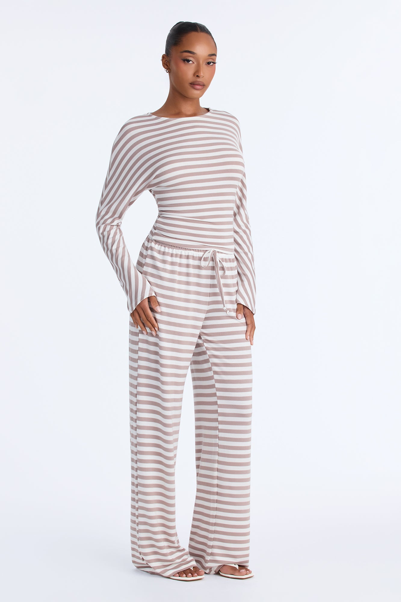 Let's Chill Striped Pant Set - Taupe/combo