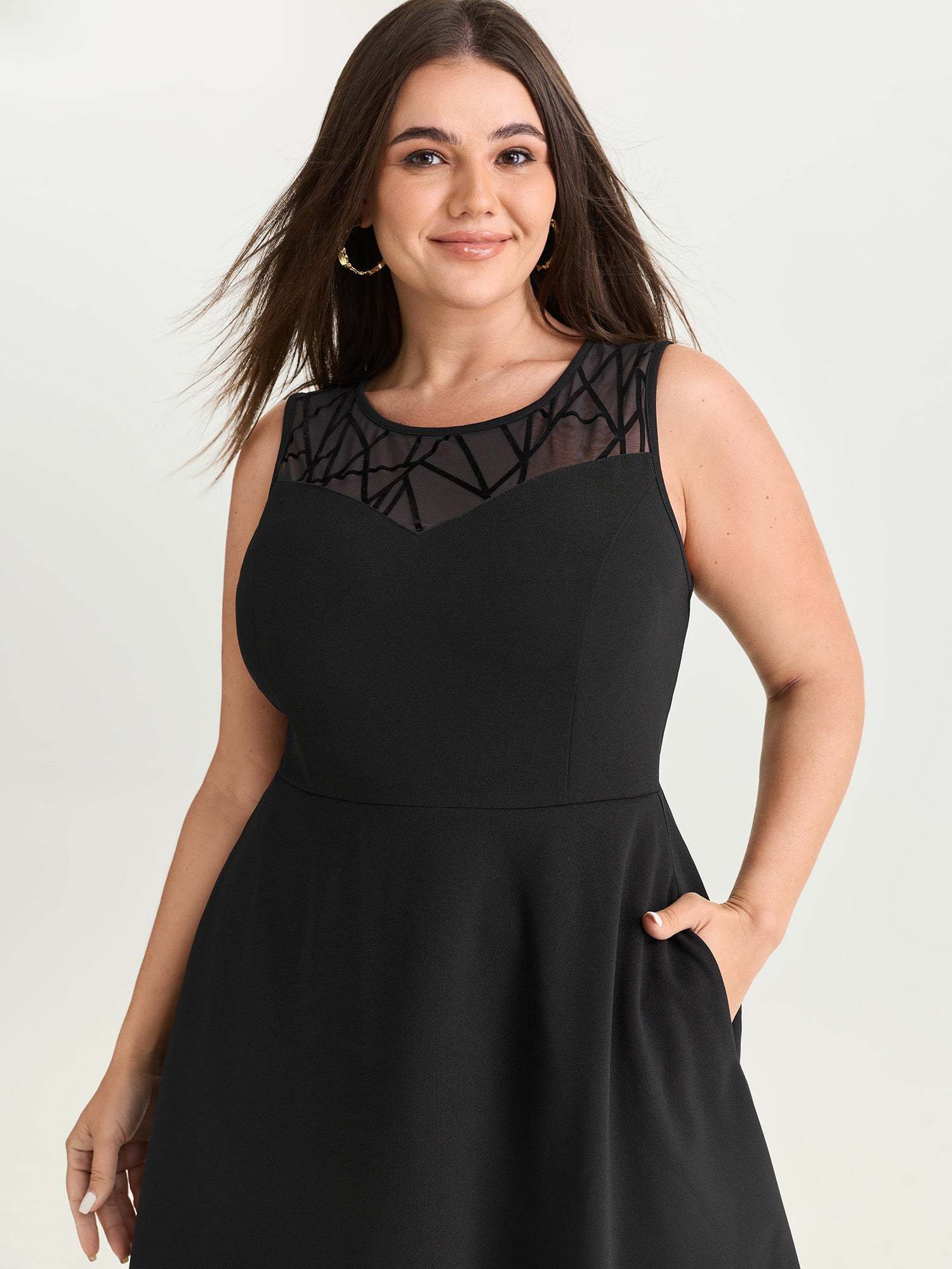 Mesh Neckline Sleeveless Fit And Flare Midi Dress