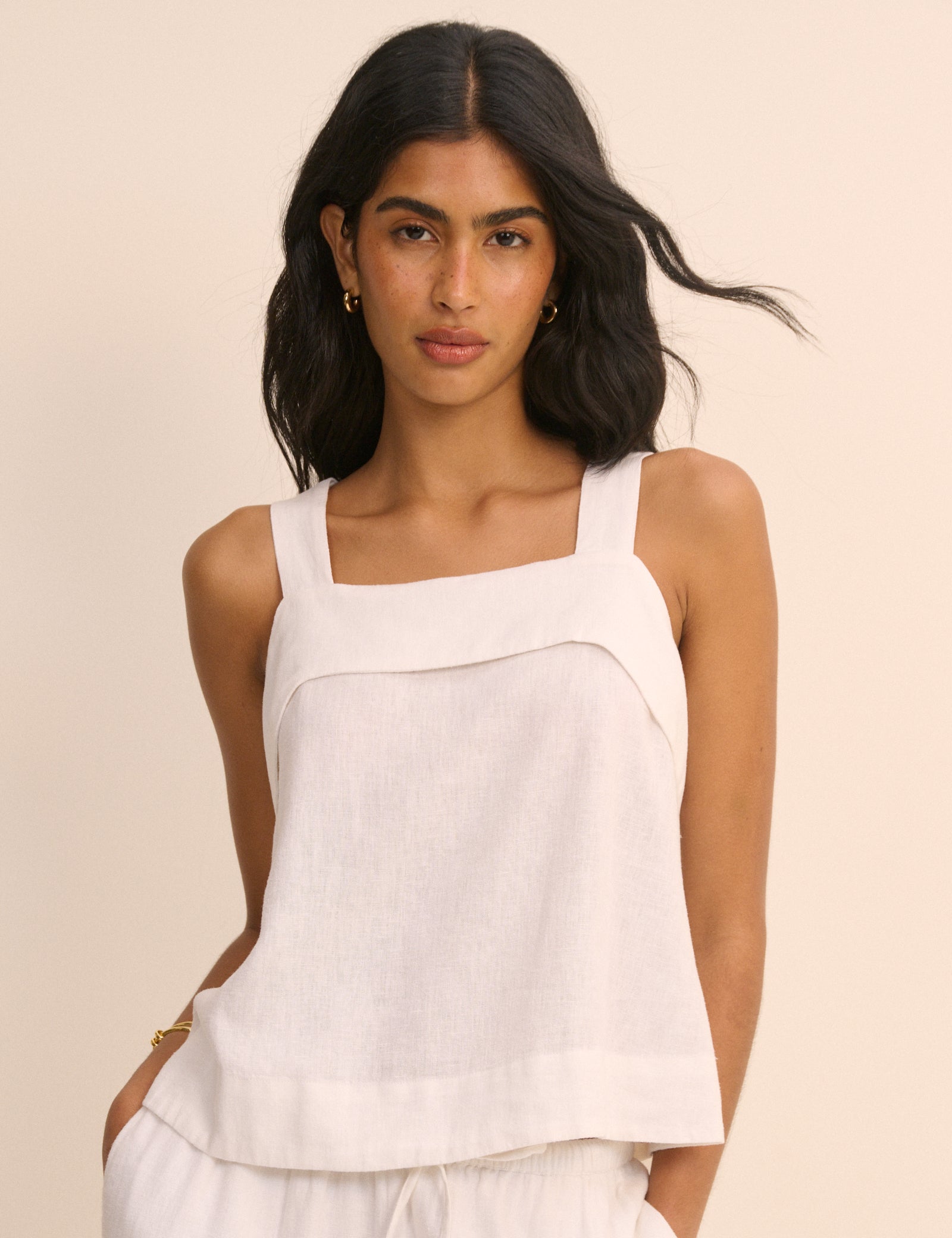 White Tie Back Linen-Rich Tank Top