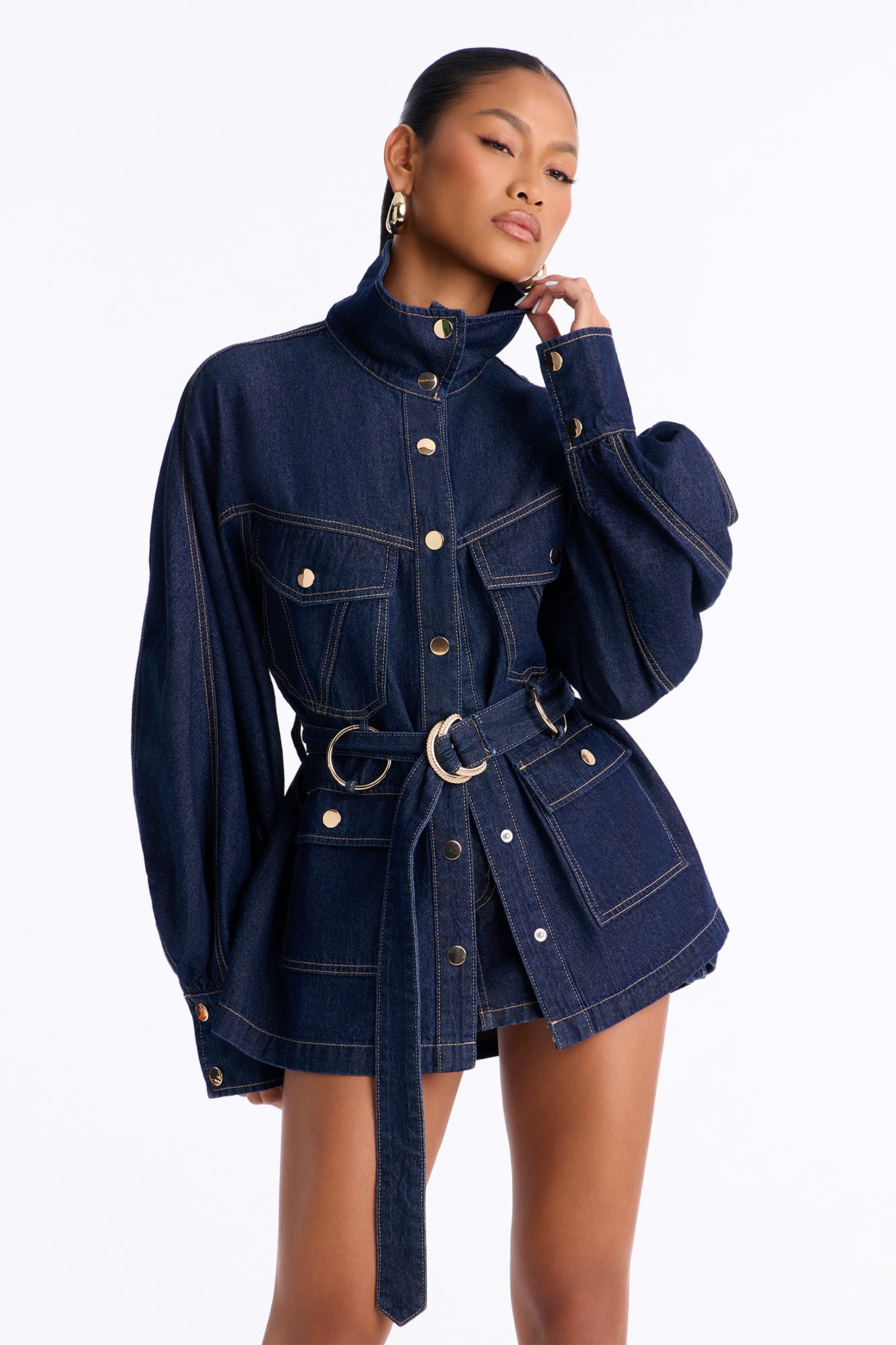 Soft Spoken Belted High Neck Denim Jacket - Dark Wash