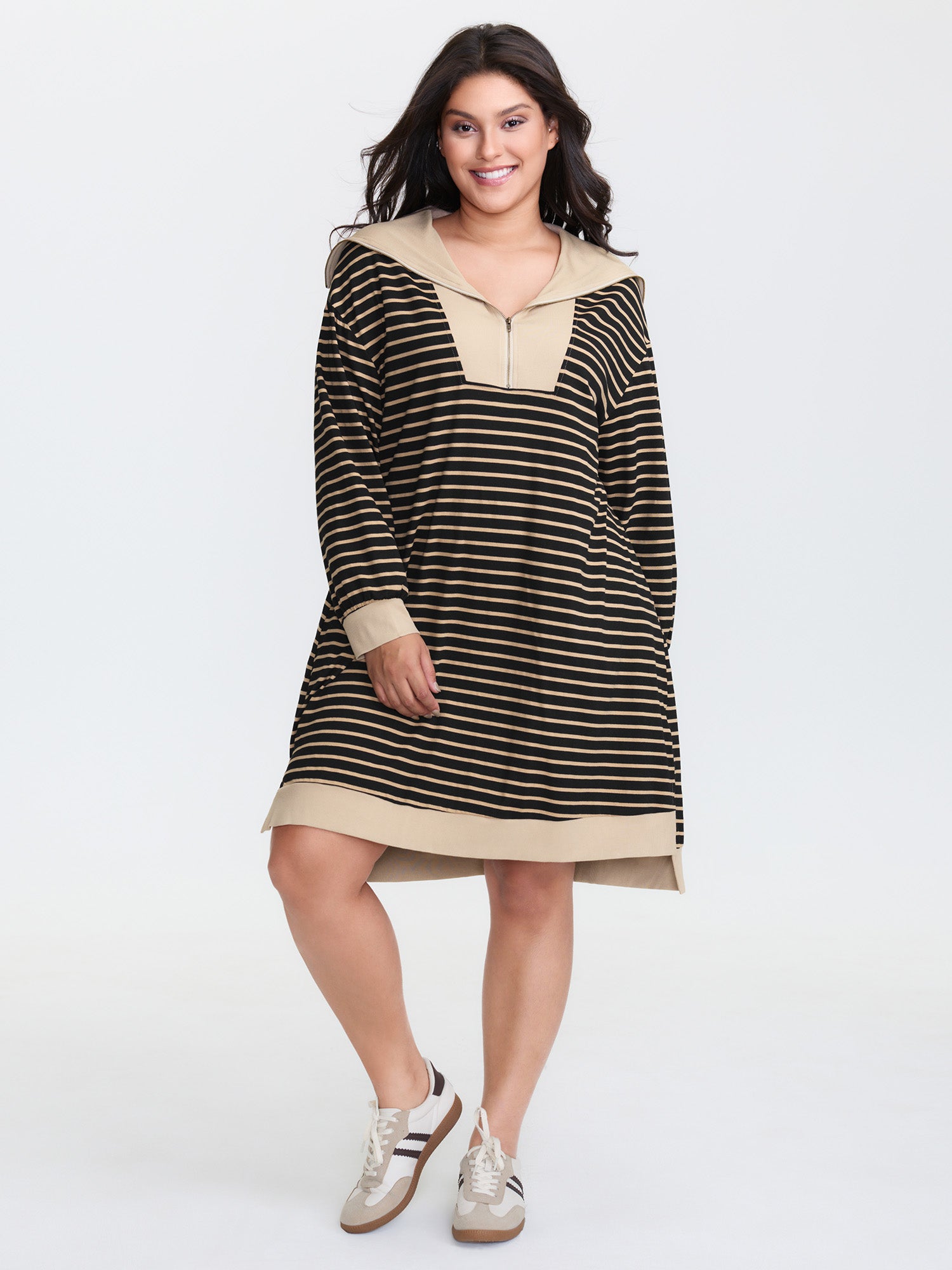 Stripe Folded Collar Half Zipper Midi Dress
