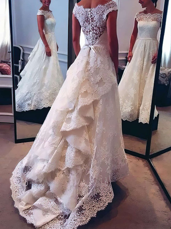 Glamorous Sweep Train A-Line Off-The-Shoulder Lace Wedding Dresses with Cascading Ruffles