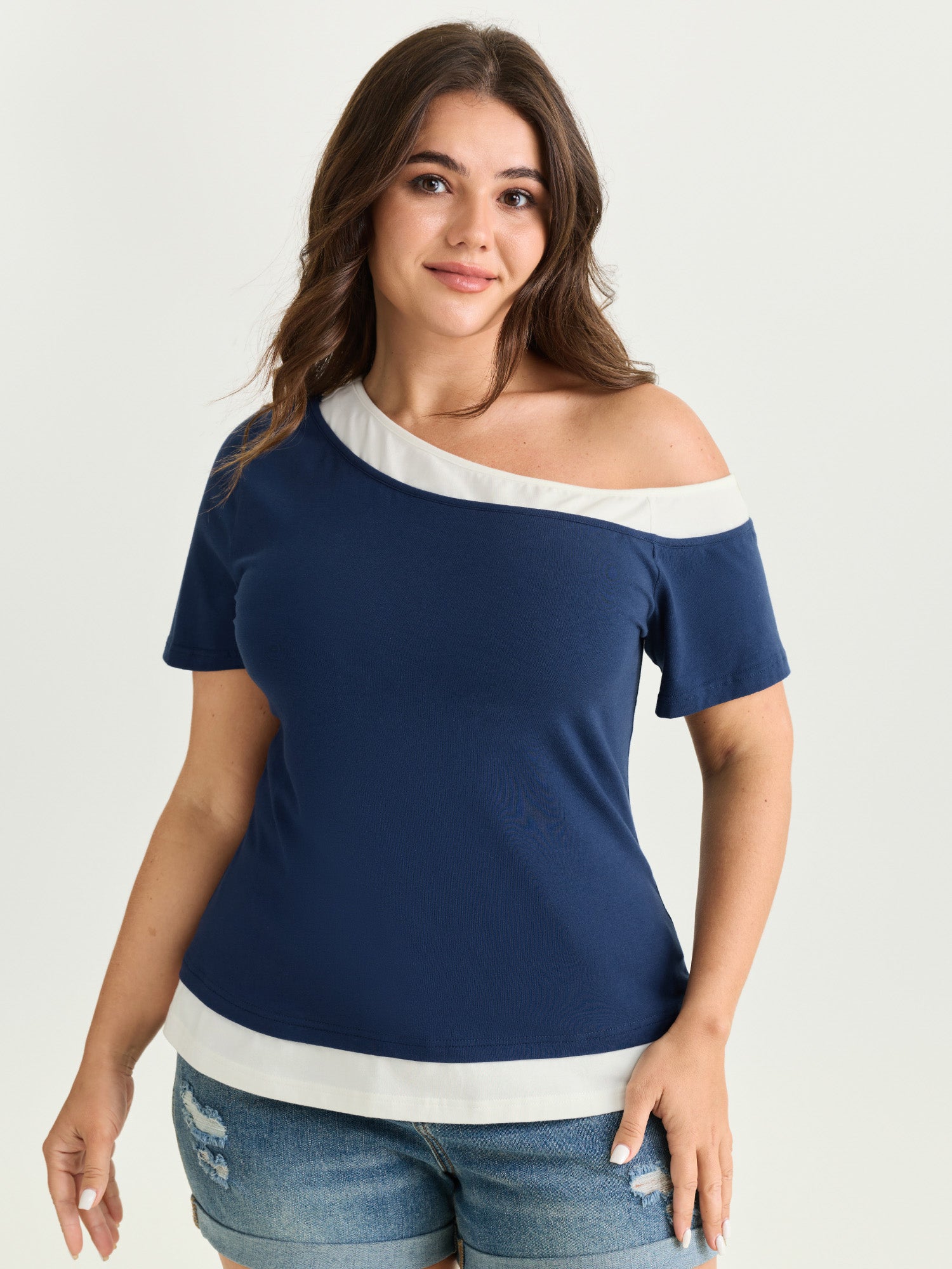 Cotton Stretchy Color Contrast One-Shoulder T-Shirt
