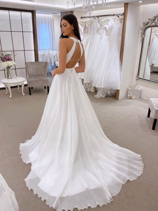 Fabulous A-Line V-Neck Sleeveless Backless Chiffon Court Train Wedding Dresses