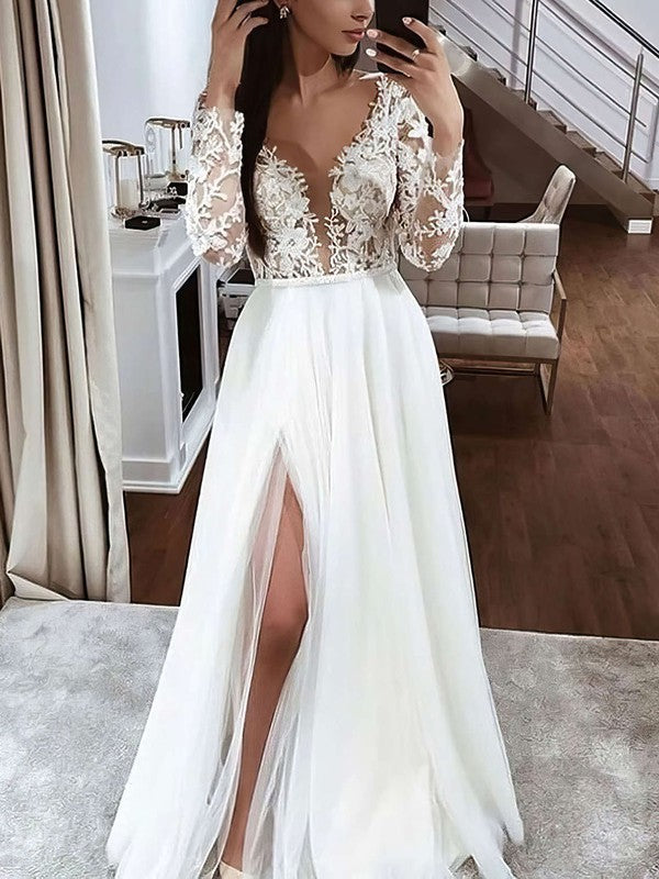 Deluxe A-Line Long Sleeves V-Neck Lace Tulle Floor-Length Wedding Dresses with Split