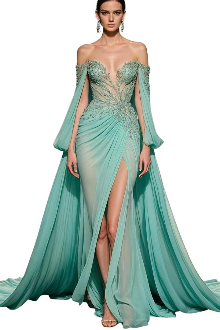 Off the Shoulder Sleeveless Long Split Formal Dress With Appliques