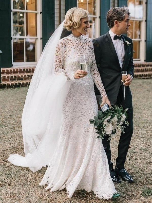 Gorgeous Trumpet High Neck Long Sleeves Backless Lace Sweep Train Wedding Dresses