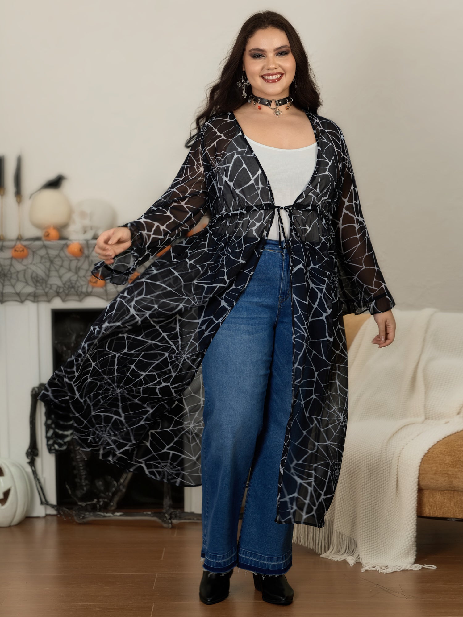 Spider Web Print Sheer Chiffon Drawstring Waist Kimono