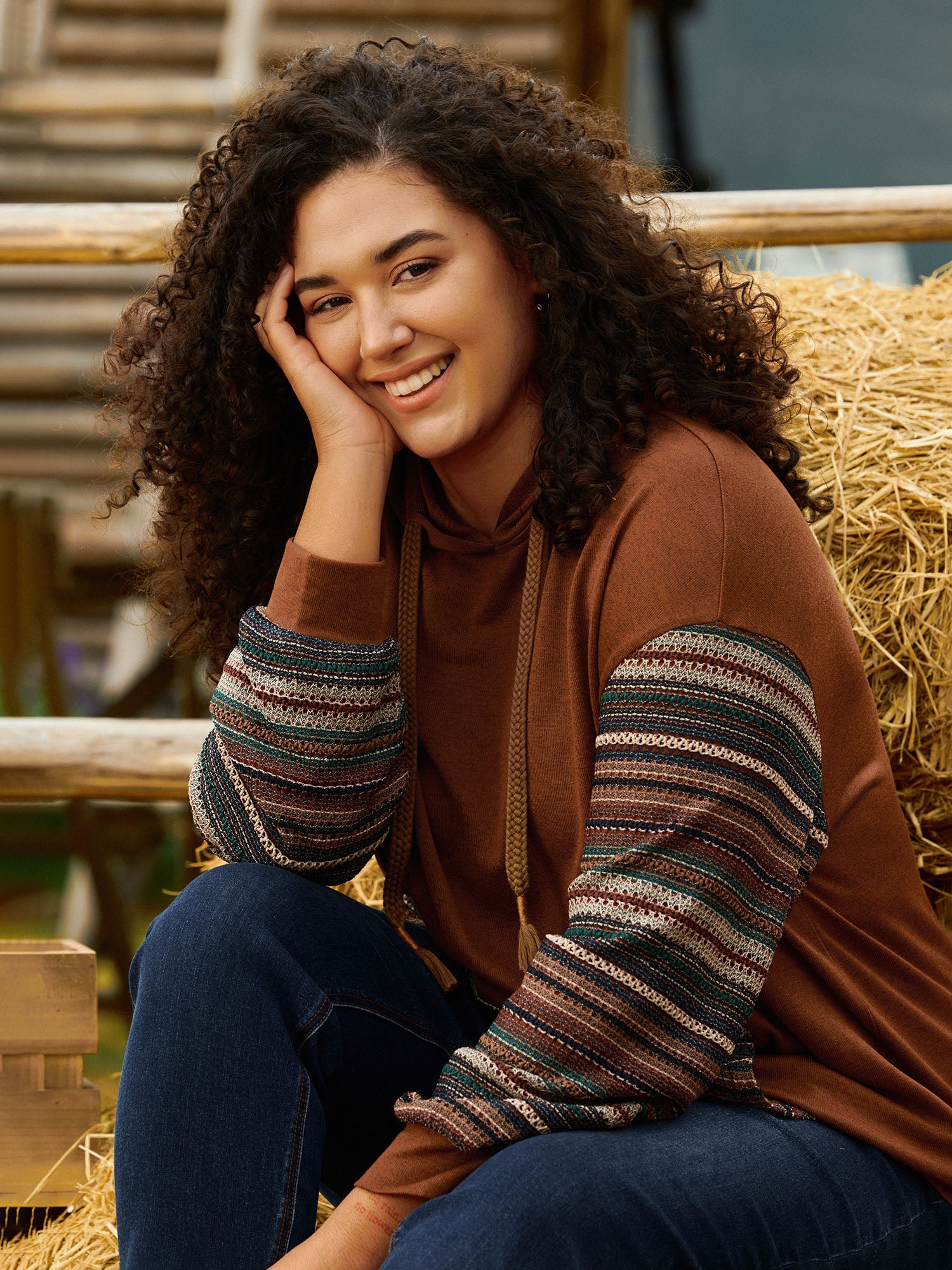 Color Contrast Stripe Textured Hoodie