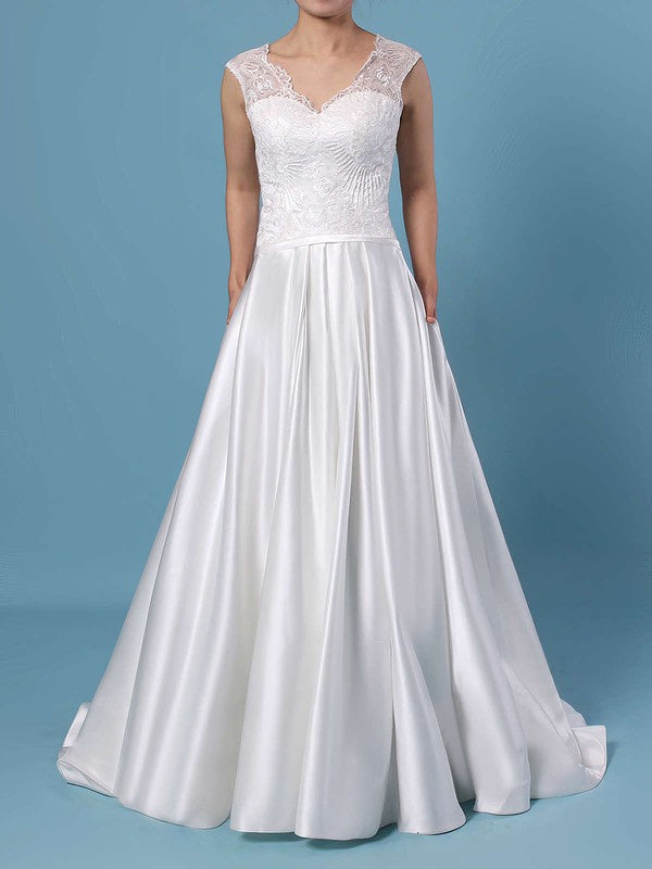 Classic V-Neck Sleeveless Lace Satin Ball Gown Wedding Dresses with Sweep Train
