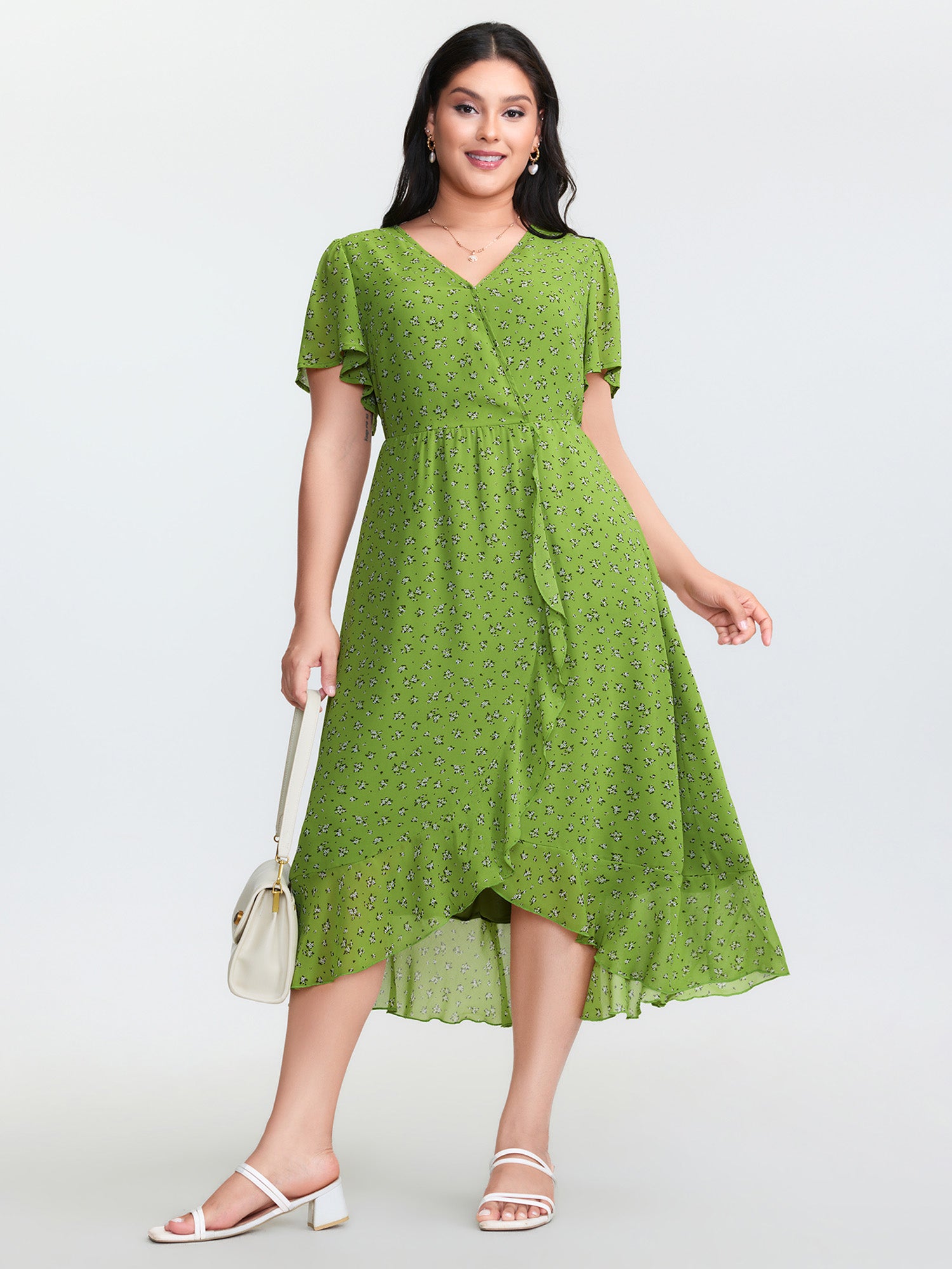 Floral Print Wrap Neck Ruffled Edge Midi Dress