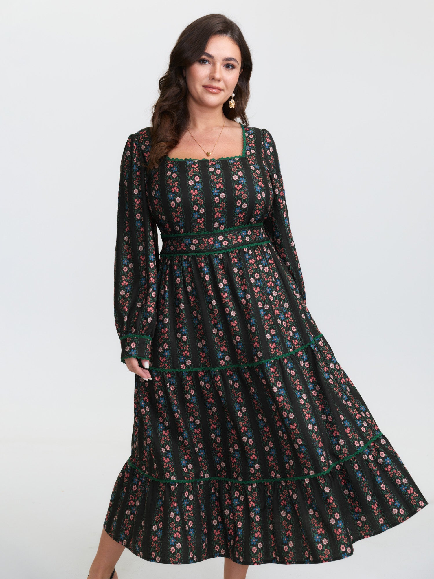 Retro Floral Stripe Tiered Midi Dress