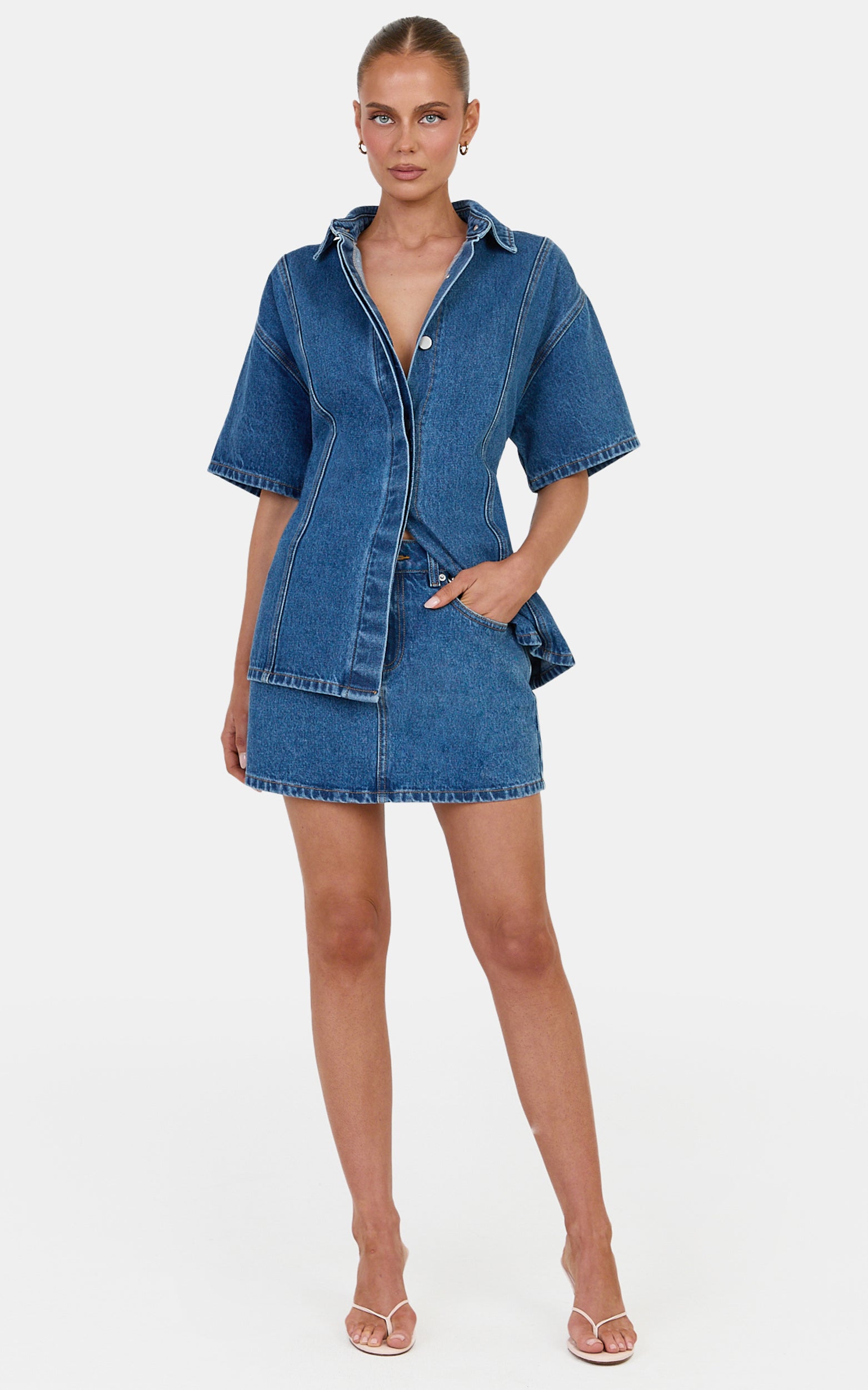 Arabella Top - Oversized Denim Short Sleeve Tie Back Detail Shirt in Dark Blue Wash