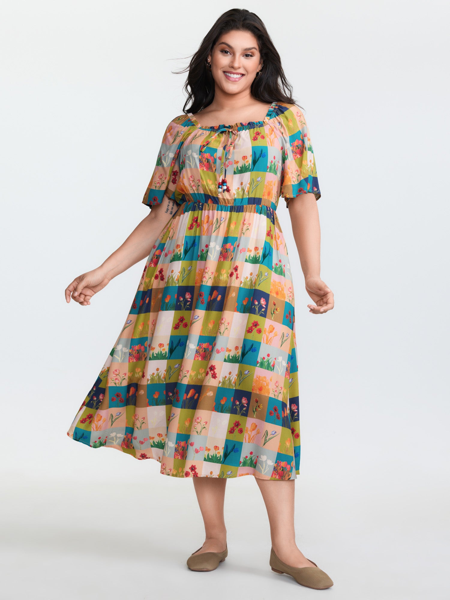 Breezy Garden Collage Stretchy Neckline Midi Dress