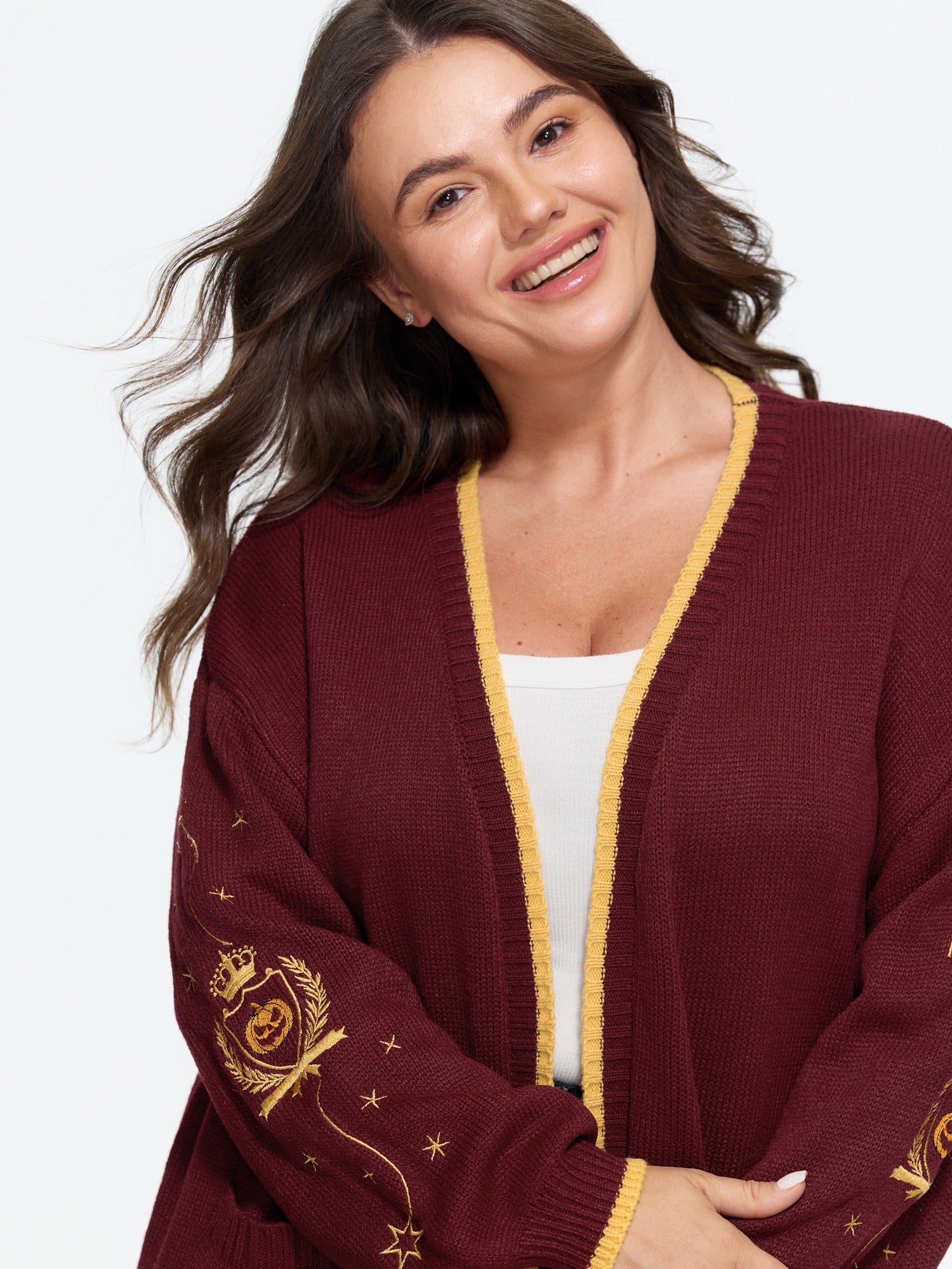 Pumpkin Star Embroidery Contrast Trim Open‑Front Cardigan