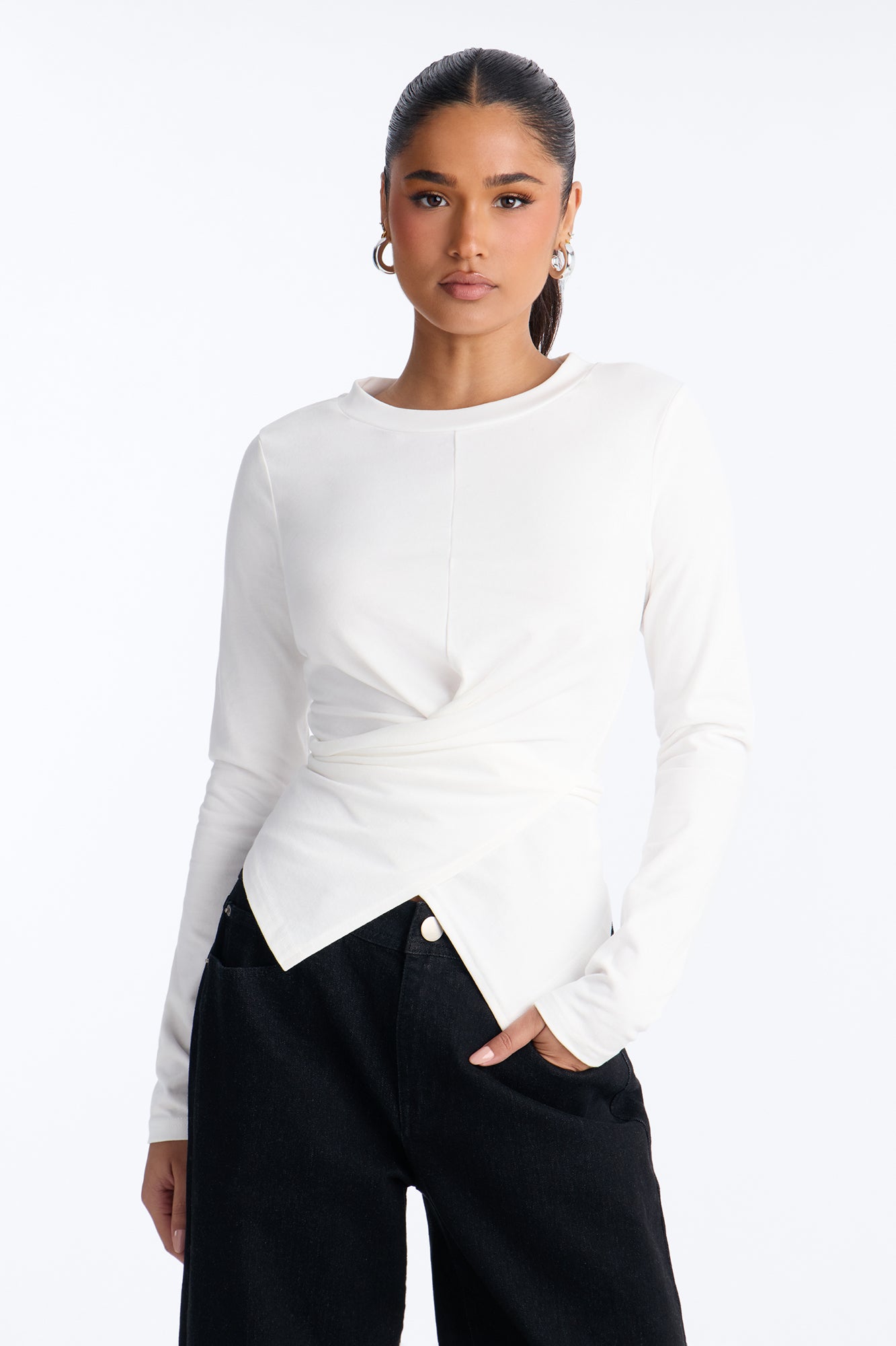 Crossed Up Crew Neck Long Sleeve Tee - White
