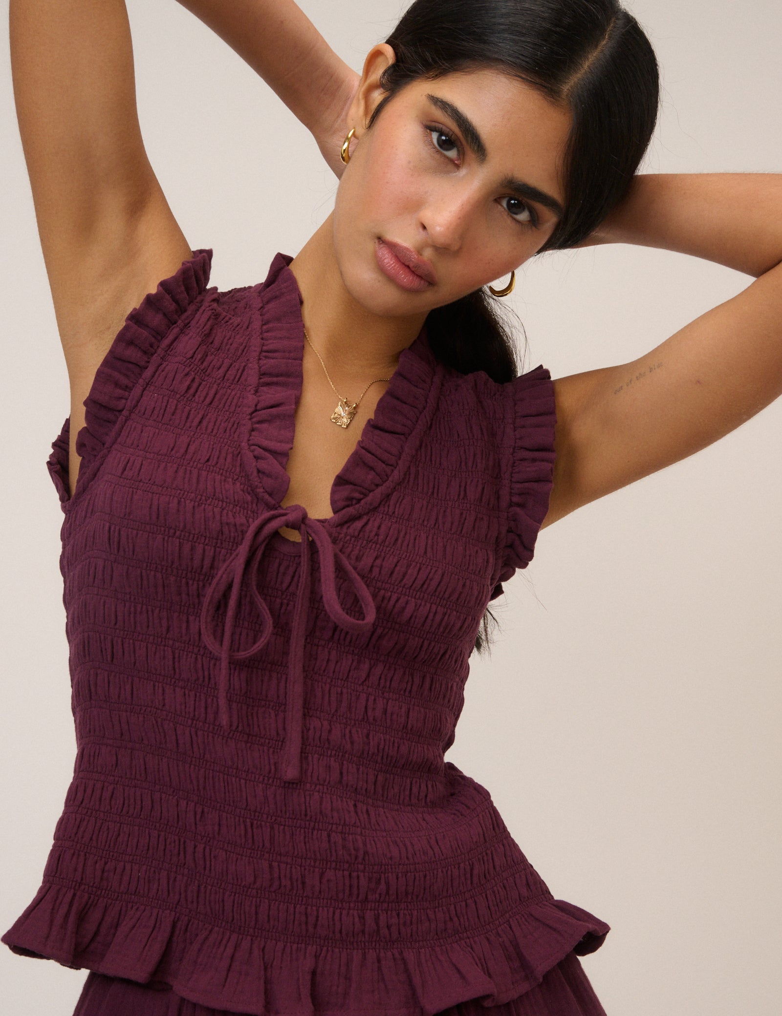 Purple Shirred V-Neck Top