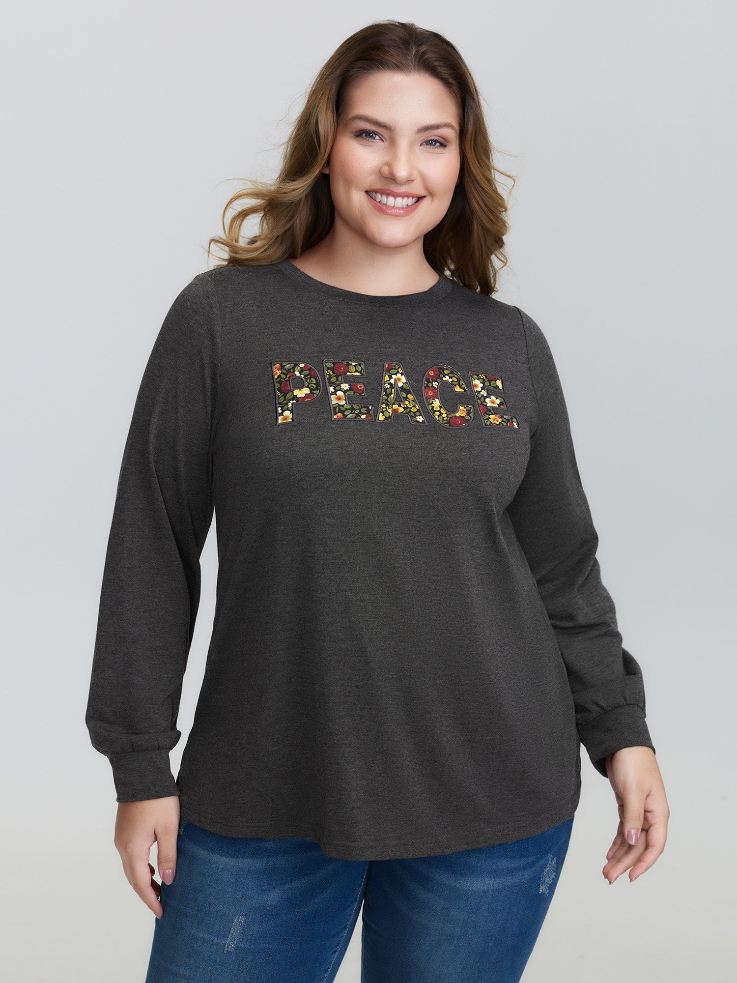 Floral Applique Embroidery Stretchy T-Shirt