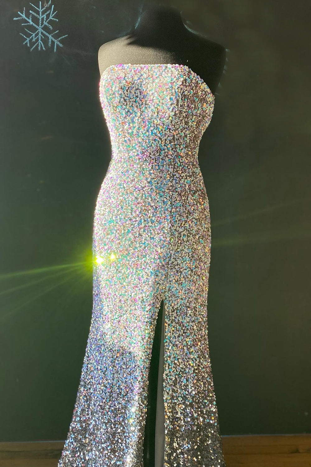 Long Strapless White Prom Dress Featuring Sequins and a Front Split