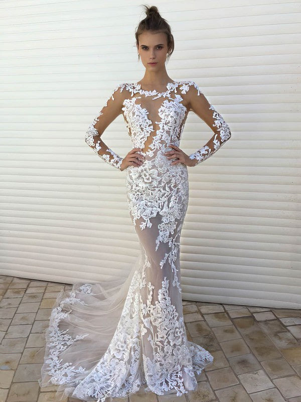 Elegant Mermaid Long Sleeves Lace Wedding Dresses with Appliques