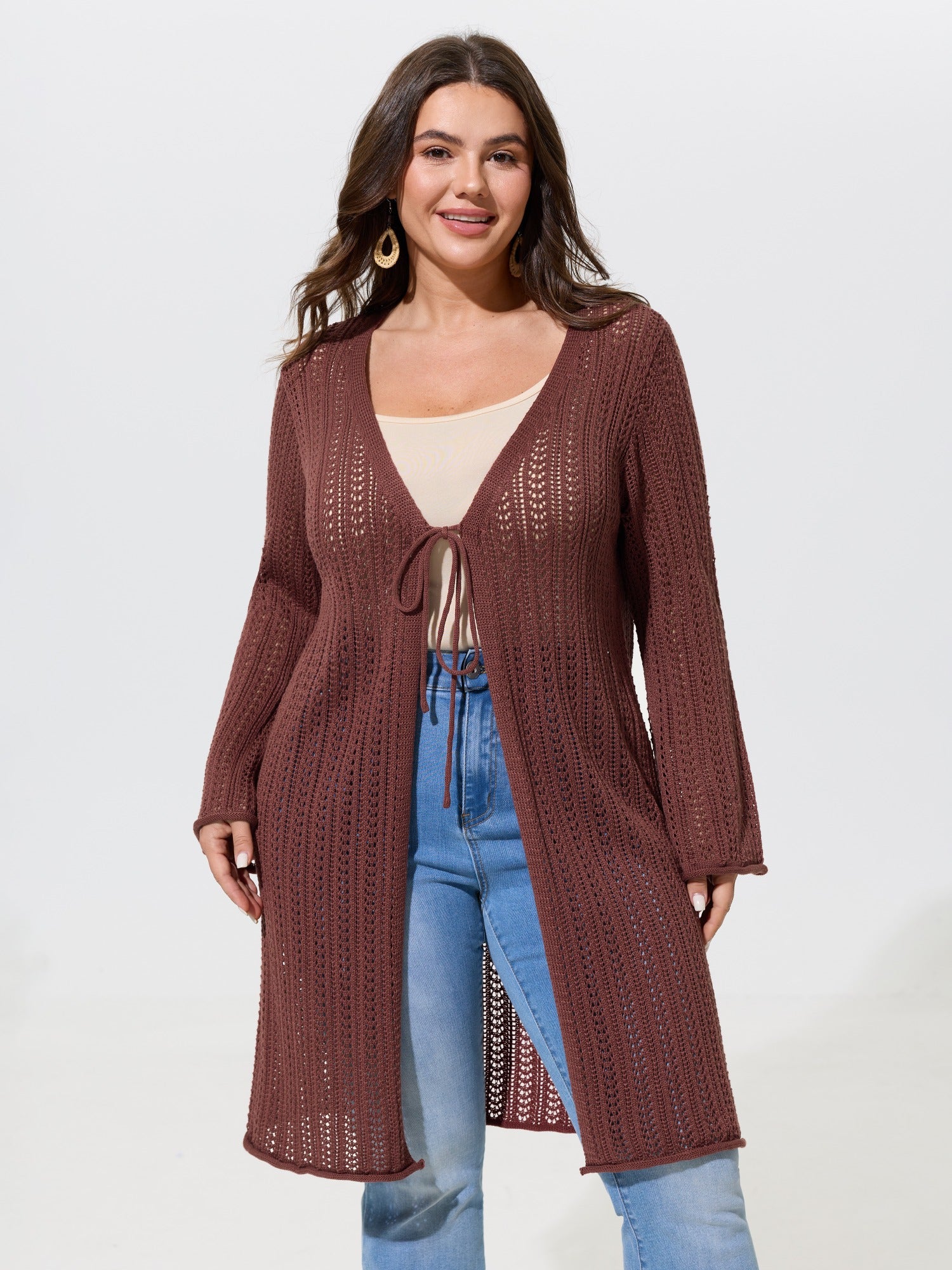 Textured Tie Front Cutout Crochet Cardigan