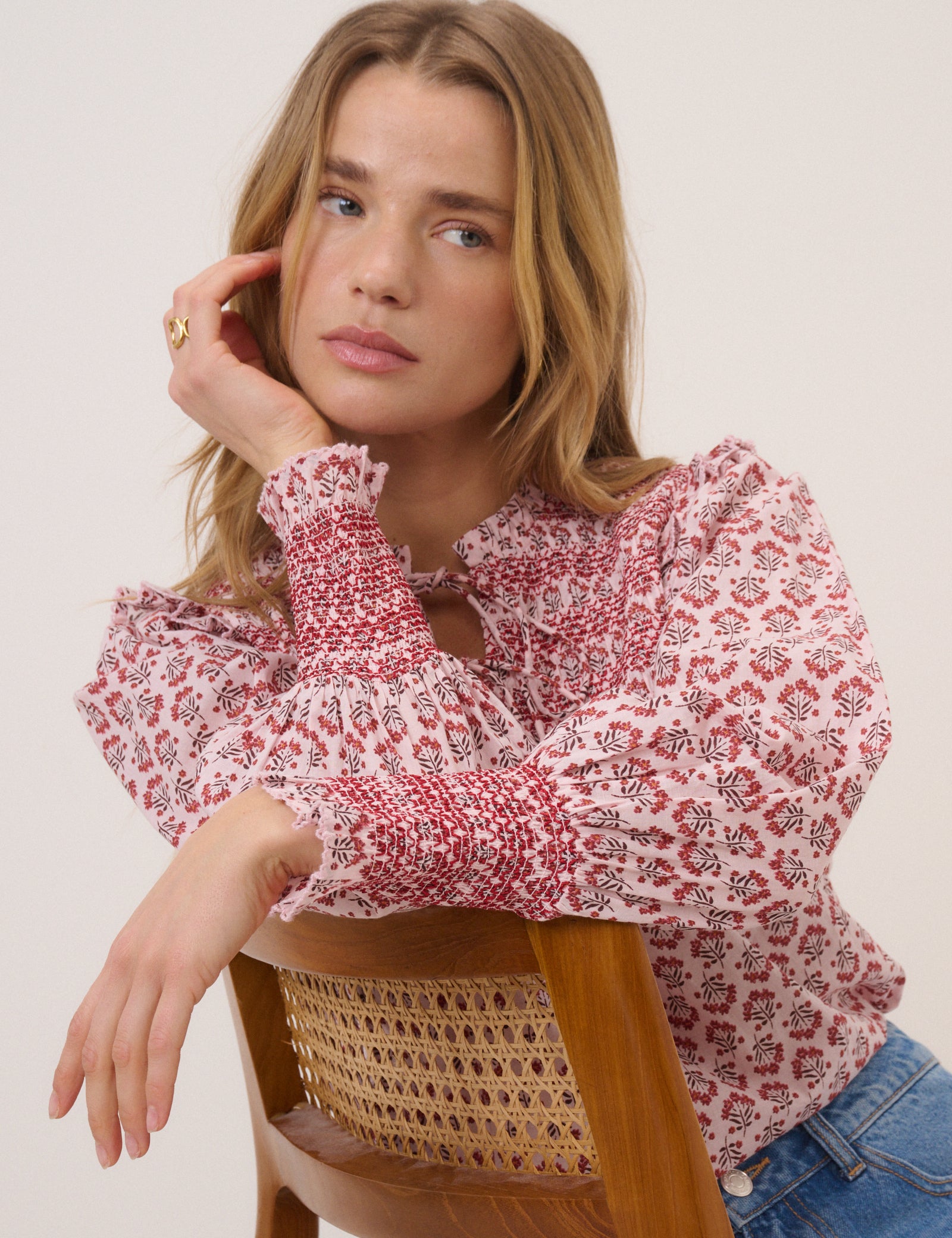 Pink Ditsy Floral Blouson Sleeve Blouse