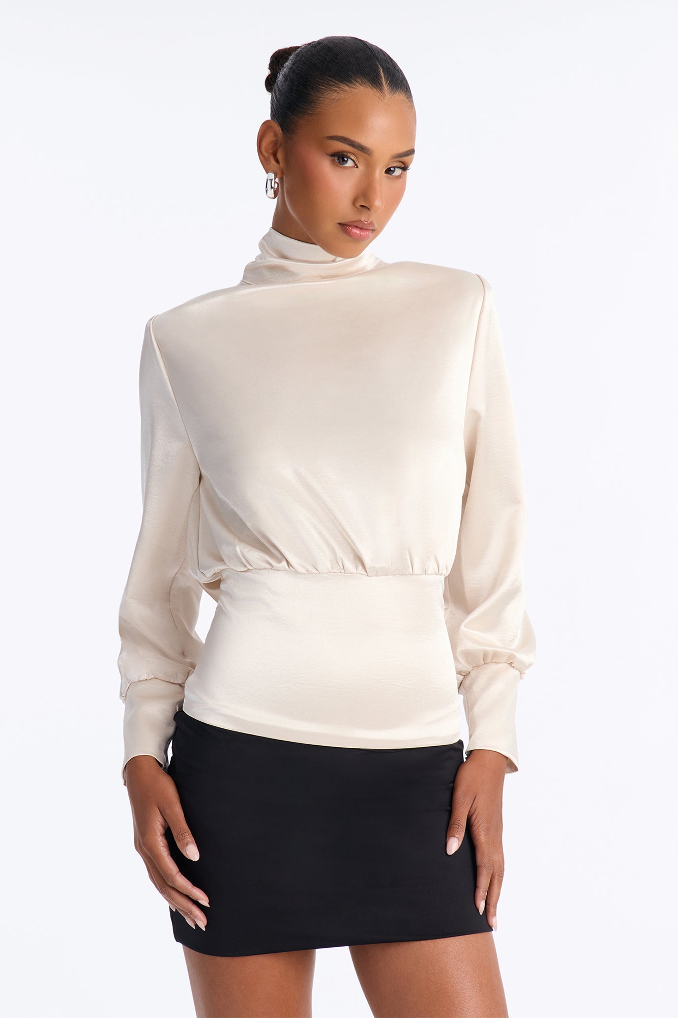 Cherie Satin Cowl Back Funnel Neck Blouse - Stone